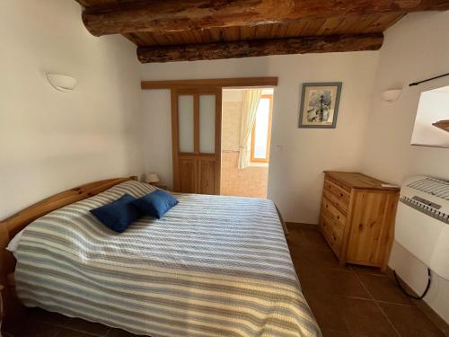 a bedroom with a bed with blue pillows on it at LE FLEURISTE in Saint-Sauveur-de-Cruzières