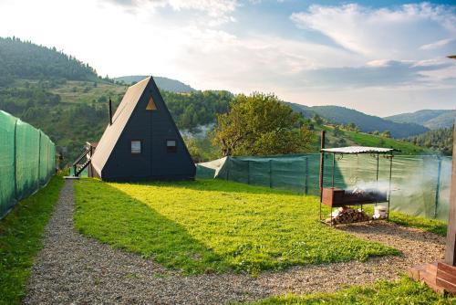 a small black barn with a grill in the grass at K2 House in Skole