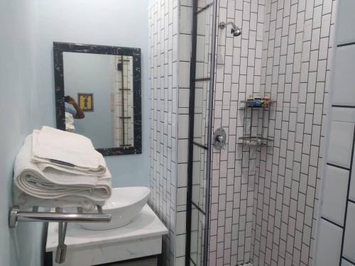 een badkamer met een wastafel en een douche met een spiegel bij KAWETA COTTAGE in Yadinga