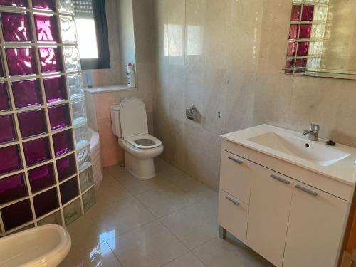 a bathroom with a white toilet and a sink at Albamar in Ciudad Quesada