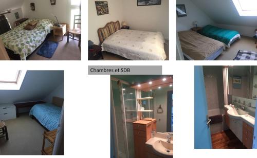 un collage de quatre photos d'une pièce dans l'établissement Maison Port du Crouesty Morbihan, à Arzon