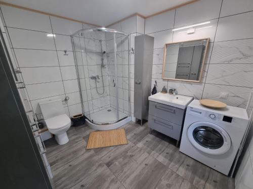 a bathroom with a shower toilet and a washing machine at Apartamenty Salamandra in Kłodzko