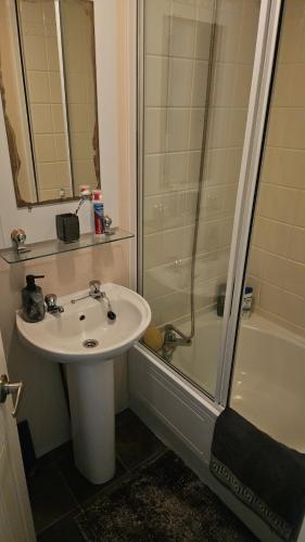 a bathroom with a sink and a shower at Rhuddlan Salty Smiles in Rhuddlan