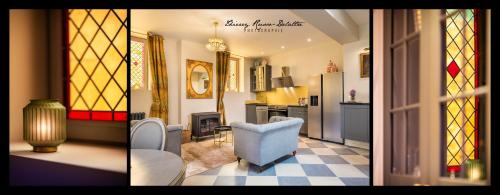 two pictures of a living room with stained glass at Hameau du Château de Giverzac, gîtes luxueuses in Domme