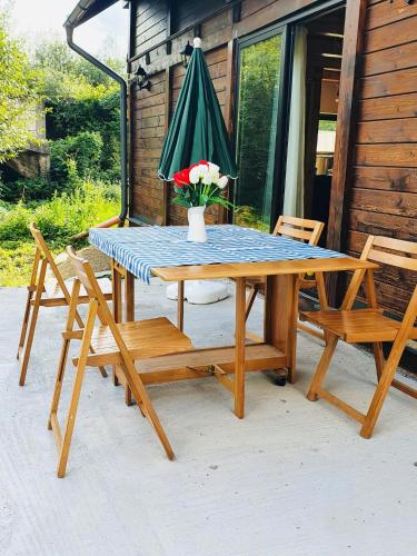 - une table de pique-nique avec 2 chaises et un parasol vert dans l'établissement Cabana Briana, à Valea Drăganului