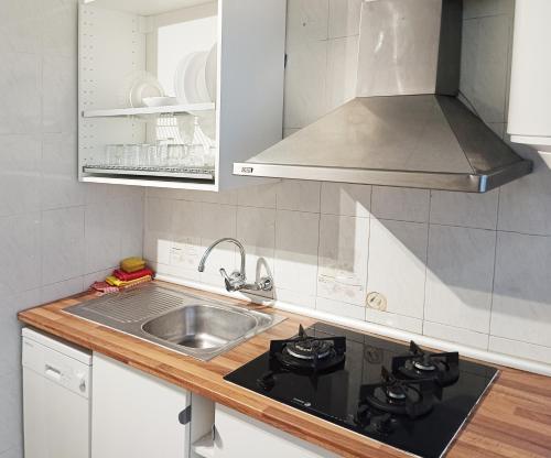 a kitchen with a sink and a stove top oven at Habitaciones en Apartamento compartido DELICIAS ROOM Cerca del Mar, Aeropuerto, Ave y Metro in Málaga