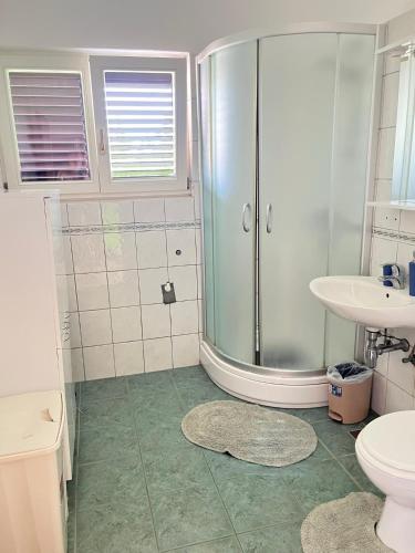 a bathroom with a shower and a toilet and a sink at Apartman Mišo in Okrug Donji