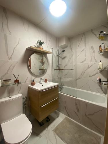 une salle de bain avec toilettes, lavabo et baignoire dans l'établissement 2pièces meublé Proche Paris et métro, à Maisons-Alfort