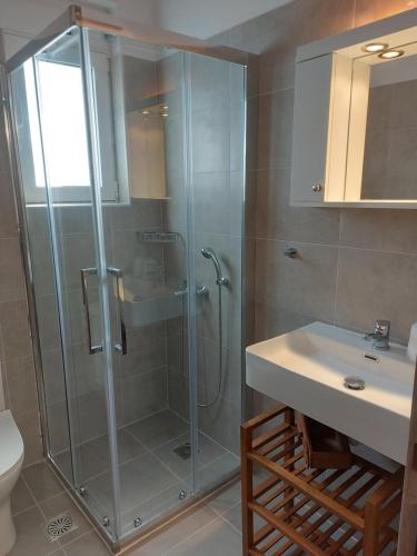 a bathroom with a glass shower and a sink at Athinais Karystos in Karistos