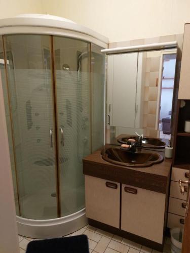 une salle de bain avec douche et lavabo dans l'établissement Le Saint Ju', à Friville-Escarbotin