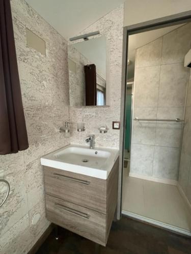 a bathroom with a sink and a shower at Chambre sur le bassin d'Arcachon in La Teste-de-Buch