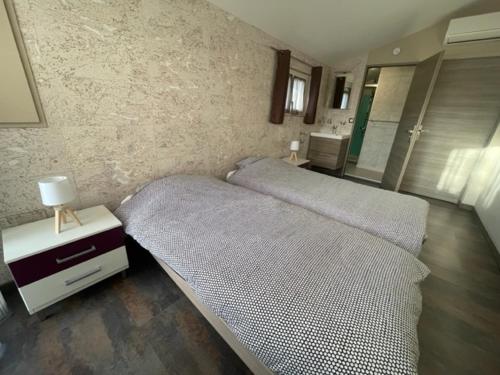 um quarto com 2 camas e uma mesa com um candeeiro em Chambre sur le bassin d'Arcachon em La Teste-de-Buch