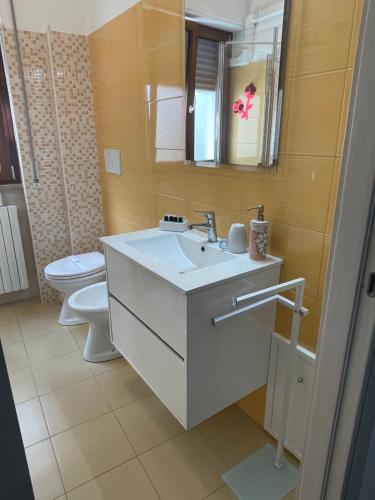マッティナータにあるOrchidea Mattinata parco del Garganoのバスルーム(洗面台、トイレ、鏡付)