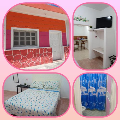un collage de cuatro fotos de un dormitorio y una casa en Departamento D'Marfil, en Yuluc