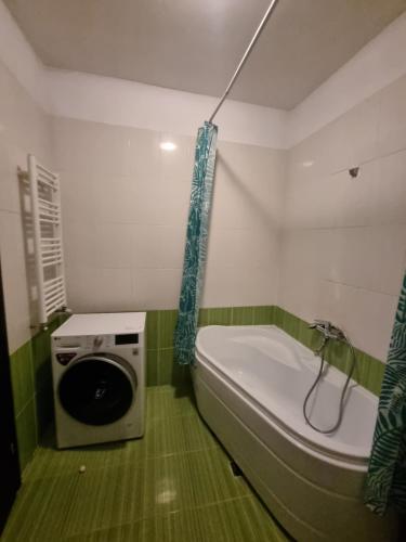 uma casa de banho com uma banheira e uma máquina de lavar roupa em Cosy Spacious Apartment with Parking, Wi-Fi, Smart-TV Netflix em Roşu