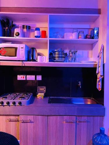 W kuchni znajduje się kuchenka i kuchenka mikrofalowa. w obiekcie Cutie homes_studio w mieście Nairobi