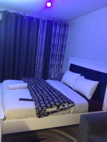 a bedroom with a large bed with blue curtains at Cutie homes_studio in Nairobi