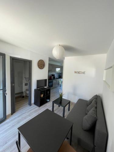 un salon avec un canapé et une table dans l'établissement T2 climatisé avec jardinet, à La Ciotat