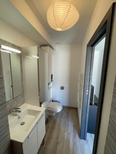 une salle de bain avec un lavabo et des toilettes dans l'établissement T2 climatisé avec jardinet, à La Ciotat