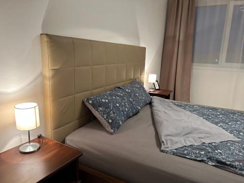 sypialnia z łóżkiem z zagłówkiem i lampką w obiekcie Cozy home w mieście Naujoji Akmenė