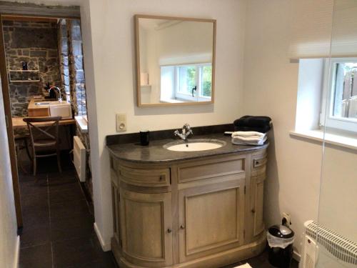 un baño con lavabo y espejo en L’eau et la pierre, en Yvoir