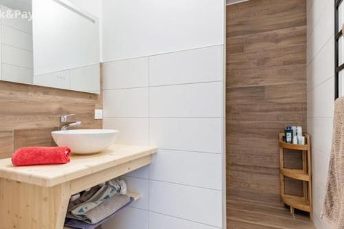 La salle de bains est pourvue d'un lavabo blanc et d'un miroir. dans l'établissement Appartement Maïnou à La Bresse, à La Bresse