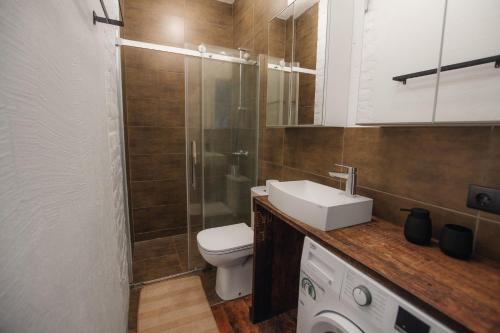 a bathroom with a toilet and a sink and a shower at "Quiet Center" apartment, close to train station in Tukums