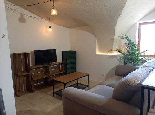 a living room with a couch and a tv at Le studio de Diane - Terrasse et Parking - in Montboucher-sur-Jabron