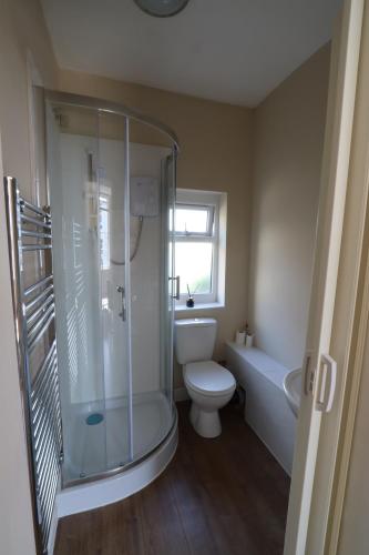 a bathroom with a shower and a toilet and a sink at Town View in Stourport