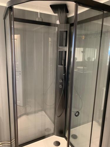 a shower with a glass door in a bathroom at Flemma Gård Wing residence with lake view in Vreta Kloster