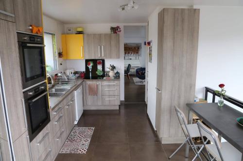 une cuisine avec des armoires jaunes et un comptoir dans l'établissement Duplex grande terrasse, vue sur Canal, à Paris