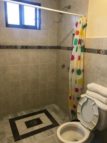 La salle de bains est pourvue d'une douche, de toilettes et d'un rideau de douche. dans l'établissement ALOJAMIENTO CAMPESTRE, à Mexico