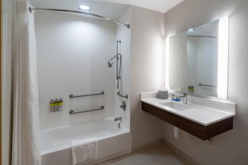 uma casa de banho branca com um lavatório e um chuveiro em Holiday Inn Express Hotel & Suites Talladega, an IHG Hotel em Talladega