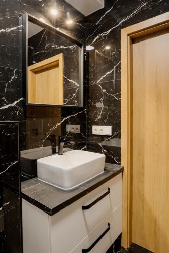 a bathroom with a white sink and a mirror at BALANCE apartments in Znojmo