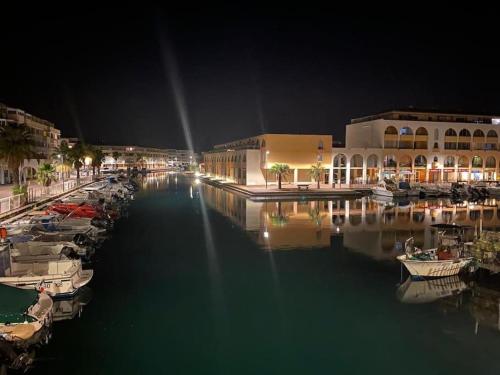 grupa łodzi w przystani w nocy w obiekcie Studette avec SPA & Jacuzzi w mieście Sète
