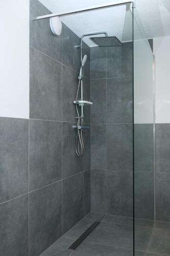 a shower with a glass door and a shower head at Ferienwohnung Endingen am Kaiserstuhl in Endingen