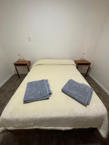 ein Bett mit zwei blauen Handtüchern darüber in der Unterkunft Complejo Lila in Mendoza