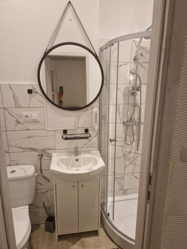 a bathroom with a sink and a mirror at Apartamenty Rynek a1 in Przemyśl
