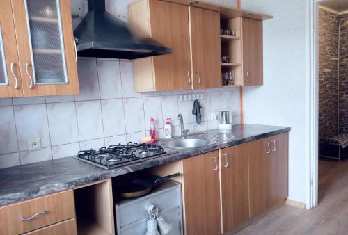 a kitchen with a sink and a stove at Vieno kambario butas Gedimino g. in Tauragė