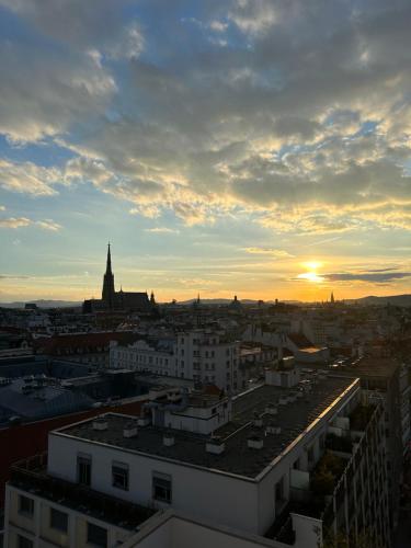 a view of a city with the sunset in the background at Center Apartment with 360° Rooftop in Vienna