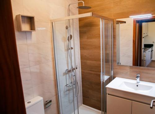 a bathroom with a shower and a sink at Casinha do Sabugueiro in Ponte de Lima