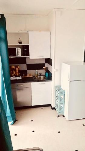 a kitchen with a sink and a refrigerator at Studio centre de Fort-de-France in Fort-de-France
