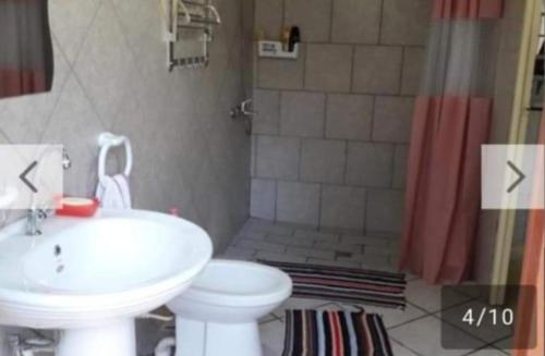 a bathroom with a sink and a toilet and a shower at Chez Guy , chambre privée in Tiputa