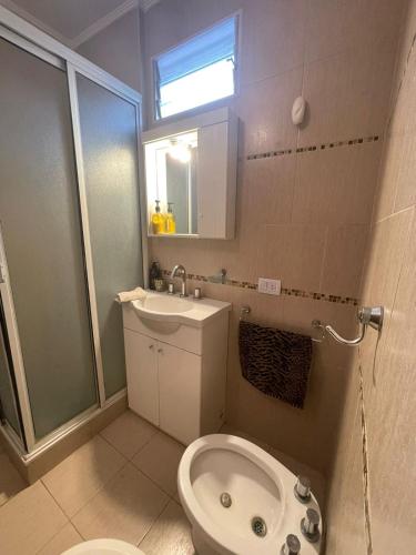 bagno con servizi igienici, lavandino e specchio di Departamento excelente ubicación a Mar del Plata