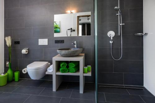 a bathroom with a shower and a toilet and a sink at N6 Oberstdorf in Oberstdorf