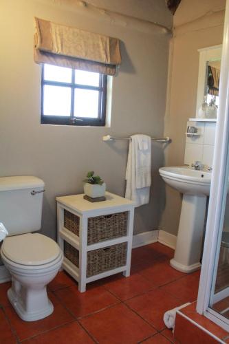 a bathroom with a toilet and a sink and a window at Siesta Guesthouse & Wedding Venue - Frankfort in Frankfort
