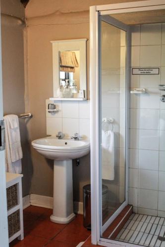 a bathroom with a sink and a shower at Siesta Guesthouse & Wedding Venue - Frankfort in Frankfort