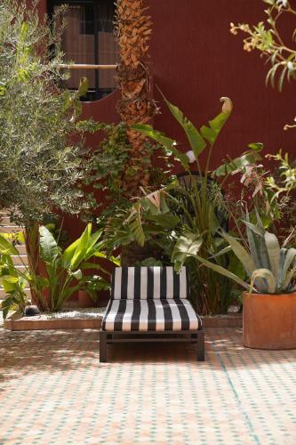 une chaise en noir et blanc assise devant les plantes dans l'établissement MORO Marrakech Boutique Hôtel, à Marrakech