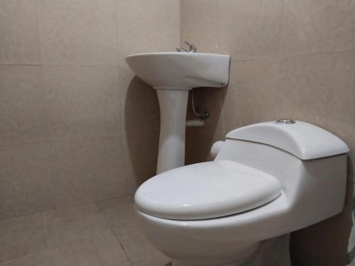 La salle de bains est pourvue de toilettes blanches et d'un lavabo. dans l'établissement Casa di amore, à Cuenca
