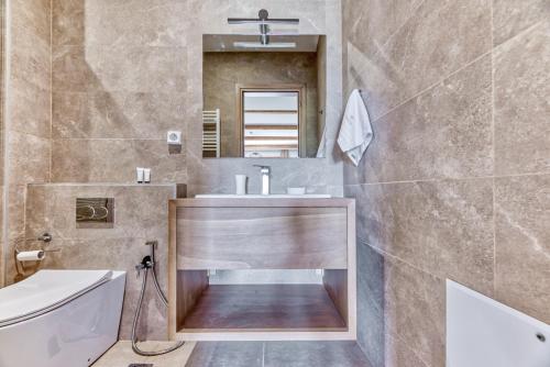 a bathroom with a sink and a toilet and a mirror at Komody in Delfoi